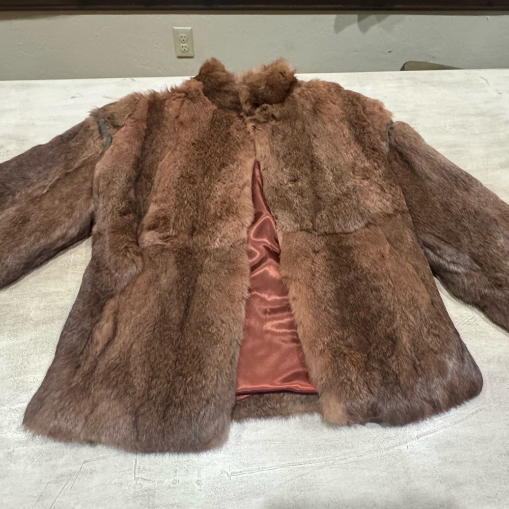 Vintage Fur Coat Size Small. Brown Rabbit Fur From France Leather Accent Nice!